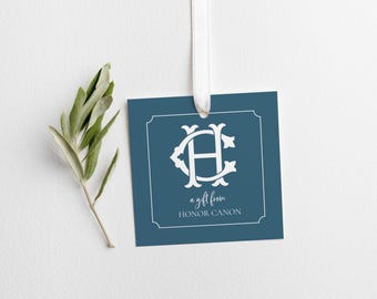 Colored Interlocking Monogram Square Gift Tag with String or Gift Sticker - Personalized