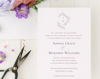 Wedding Crest with Monogram Invitation, Printed Invite Set with RSVP