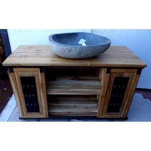 Bathroom cabinet or TV stand in solid Teak cm 120x45x75h with metal sliding doors industrial