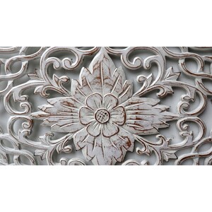 Floral panel in mdf wood perforated by hand 60x60 cm white pickled painted square 2