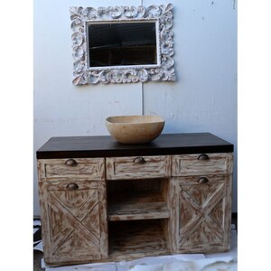 Bathroom cabinet or TV stand in solid Teak cm 120x45x75h pickled with doors and drawers or country TV stand