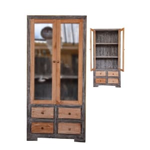 Showcase in natural and black bi teak wood with drawers and doors cm 90x45x180h