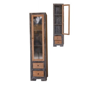 Showcase in natural and black teak wood with drawers and doors cm 45x40x1900h