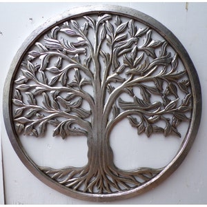 Tree of life panel in perforated wood 80 cm round antiqued silver