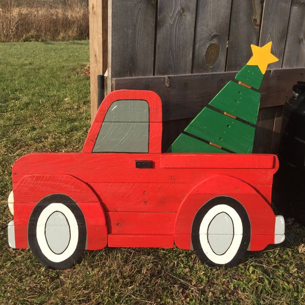 Grande enseigne de Noël de camion rouge/camion rouge en bois/camion de Noël avec arbre/décor de Noël/art de jardin en bois 3D/décor de ferme/livraison gratuite
