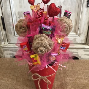 Burlap Flower Candy Bouquet / Candy Bouquet / Candy Pot / Chocolate Bouquet / Valentine&#39;s Day Candy Bouquet/Birthday Bouquet/FREE SHIPPING