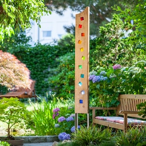 garden sculpture of wood and glass