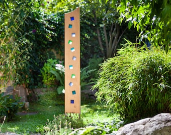 Garden sculpture made of wood and glass. Garden decorations are unique, handmade and weatherproof.