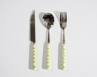 Green Checked Handled Utensils S/3