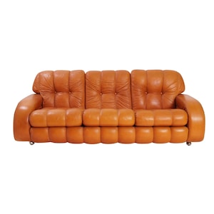 Italian Leather Channel Back Sofa, 1970s