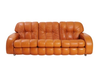 Italian Leather Channel Back Sofa, 1970s