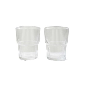 May include: Two clear glass drinking glasses with a ribbed design.