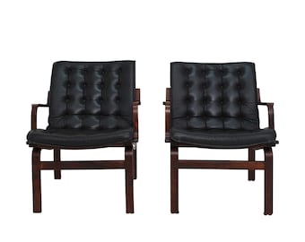 Pair of Beech and Leather Lounge Chairs