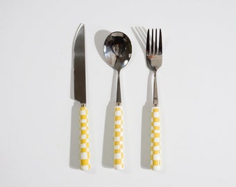 Yellow Checked Handled Utensils S/3