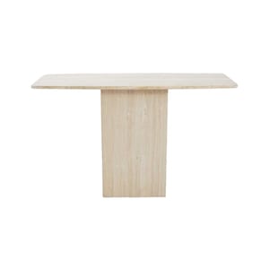 May include: A rectangular travertine console table with a single pedestal base. The table is made of natural stone with a light beige color.