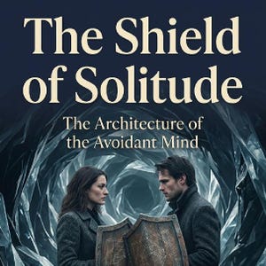 May include: A book cover titled The Shield of Solitude: The Architecture of the Avoidant Mind. It features two people in dark coats holding wooden shields, standing before a dark, swirling, abstract background of sharp, crystalline shapes.