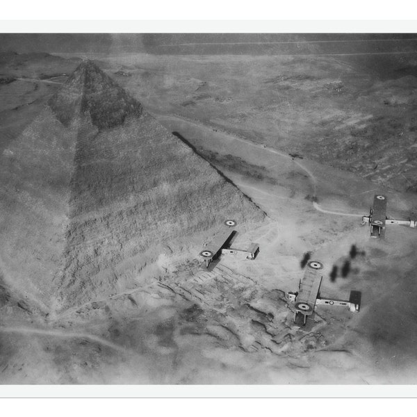 Old photo, aeroplane over the Great Pyramid, Egypt Pyramid photos, 1920s Egypt photo, British war photo, Vintage aeroplane photo, wall art