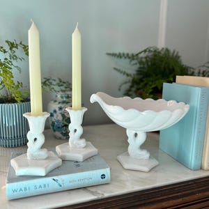 Vintage Westmoreland Milk Glass Koi Fish Candlestick & Bowl Set