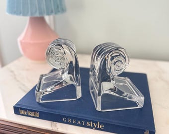 Vintage 1940’s Art Deco, Hollywood Regency, solid glass wave bookends.