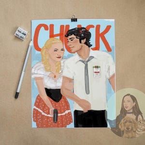 Puede incluir: Una pintura de dos personas de pie una al lado de la otra. La mujer lleva un vestido de lunares rojos y blancos y el hombre lleva una camisa blanca y pantalones negros. La palabra "CHUCK" está escrita en letras rojas grandes en la parte superior de la pintura.