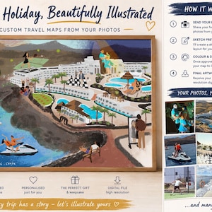 Peut inclure: Illustration personnalisée d'une carte de voyage encadrée, représentant une station balnéaire avec des personnes, des bateaux et des palmiers. Le texte indique "Your Holiday, Beautifully Illustrated" et "Lanzarote 2026".