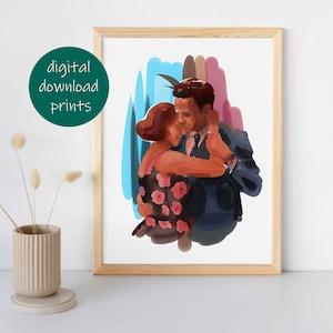 May include: A digital painting of a couple dancing. The man is wearing a dark suit and the woman is wearing a floral dress. The background is a colorful abstract design.