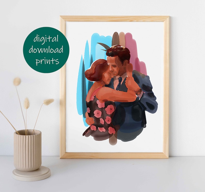 May include: A digital painting of a couple dancing. The man is wearing a dark suit and the woman is wearing a floral dress. The background is a colorful abstract design.