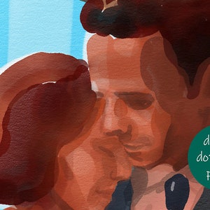 May include: A watercolor painting of a couple embracing. The man is wearing a dark suit and the woman has long brown hair. The painting has a soft, romantic feel.