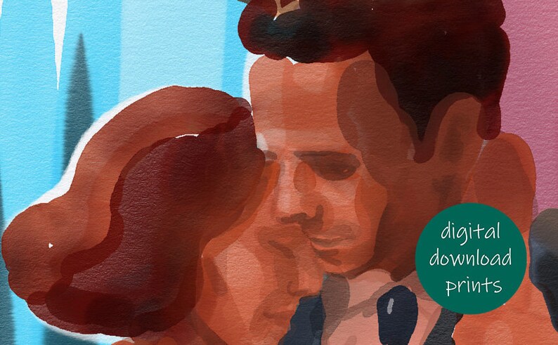 May include: A watercolor painting of a couple embracing. The man is wearing a dark suit and the woman has long brown hair. The painting has a soft, romantic feel.