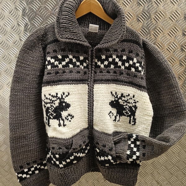 Veste cardigan pull zippé style buffle amérindien en laine tricotée à la main