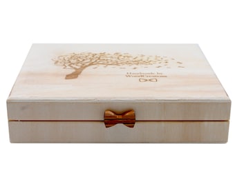 Box with two bow ties Adult- Child customizable with initials Name in Chestnut wood,