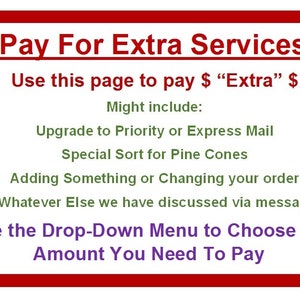 May include: Red bordered text box with the title "Pay For Extra Services". The text explains that this page is for paying extra for services such as priority or express mail, special sorting, or adding or changing an order. It also says to use the drop-down menu to choose the amount to pay.