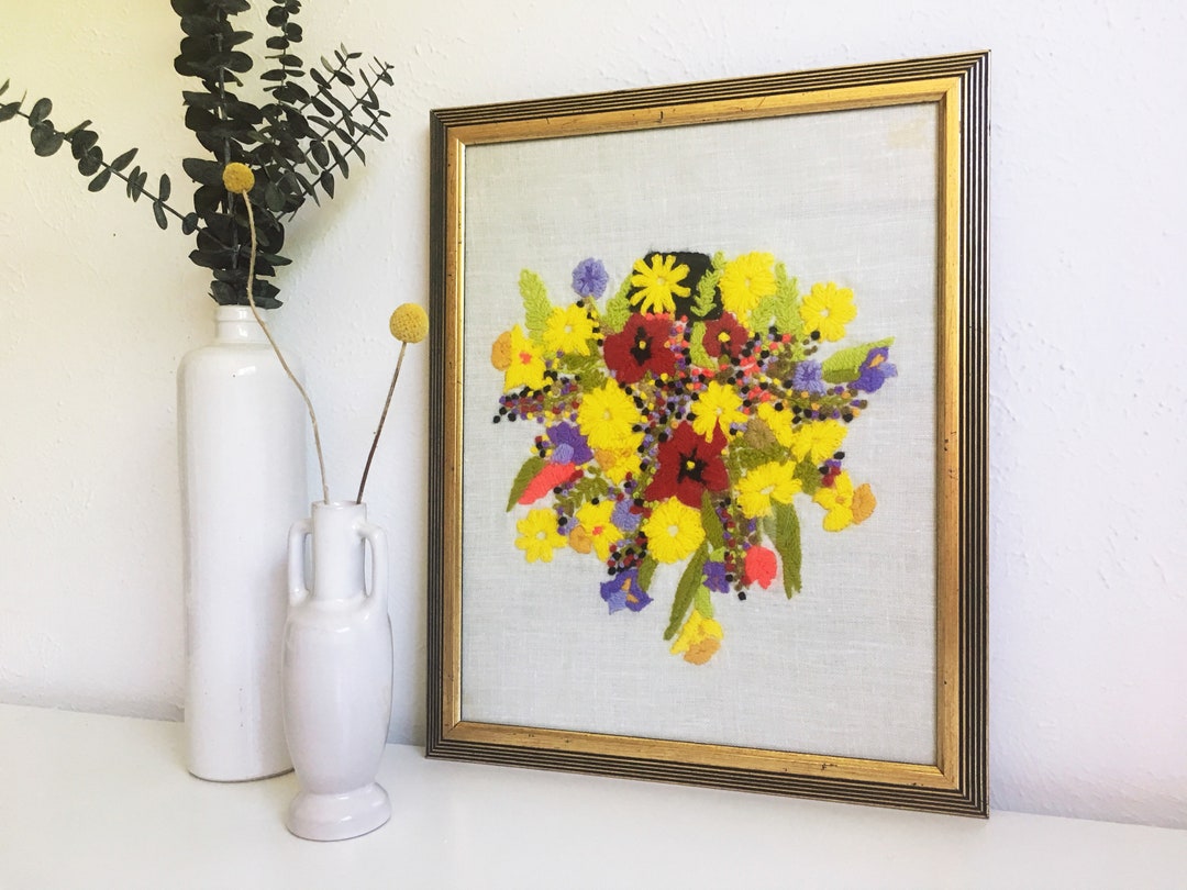 Vintage Framed Floral Crewel Embroidery Art Happy Groovy - Etsy