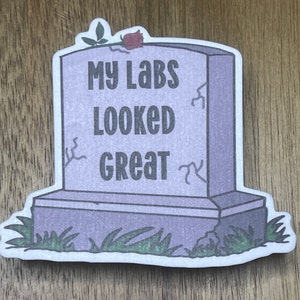 May include: A gray tombstone with a red rose on top. The tombstone reads "My Labs Looked Great".