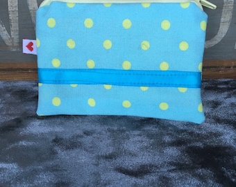 Handmade turquoise and lemon polka dot coin purse