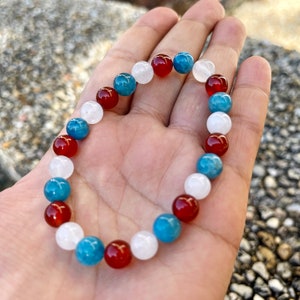 Patriot Bracelet - Red Carnelian, White Jade, and Blue Apatite - 7 inch (18 cm) - Natural Gemstone - AAA Quality - July Fourth