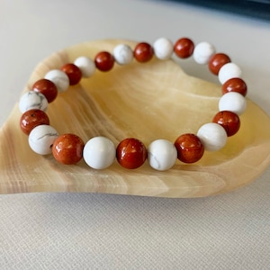 Red Jasper, Selenite and Howlite Bracelet - Zodiac Bracelet - Graduation Gift - 7 inch (18 cm) - Natural Gemstone - AAA Quality