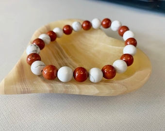 Red Jasper, Selenite and Howlite Bracelet - Zodiac Bracelet - Graduation Gift - 7 inch (18 cm) - Natural Gemstone - AAA Quality