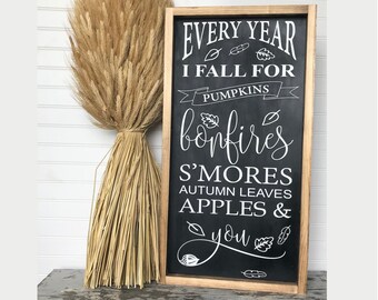 Every Year I Fall For You Farmhouse Framed Sign 13.5x25.5". Farmhouse Fall Decor, Fall Farmhouse Sign, Farmhouse art, Rustic Pumpkin Sign