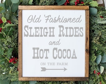 Sleigh Rides & Hot Cocoa Farmhouse Sign 13.5x13.5. Holiday wood sign, hot chocolate sign, Christmas sign, Farmhouse Christmas, hot cocoa bar
