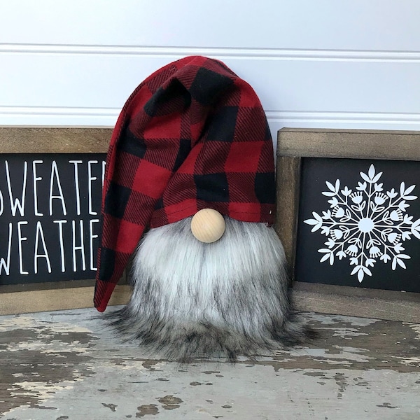 Red & Black Buffalo Check Slouchy Hat Gnome. Christmas Gnome, Slouchy Hat Gnome, Farmhouse Decor, Tiered Tray Decor, Tiered tray Gnome