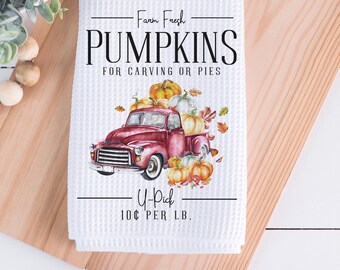 Pumpkin Farm Truck Fall Tea Towel 16x24". Fall Kitchen Towel, Pumpkin Tea Towel, Farmhouse Kitchen, Vintage Truck Towel, Farm Fresh Pumpkins