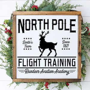 Flight Training Reindeer Painted Sign 19.5&quot;x19.5&quot;. Christmas sign, Christmas decor, Farmhouse Holiday, North Pole Sign, Santas Reindeer Sign