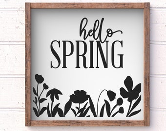 Hello Spring Floral Painted Wood Sign 19.5"x19.5", Spring signs, Spring decor, Farmhouse Decor, Floral Wood Sign, Hello Spring, Wood Signs