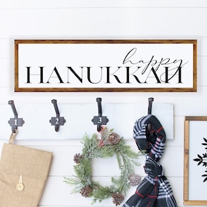 Happy Hanukka Farmhouse Style Framed Sign 7.5x25.5. Religious Wood Sign, Hanukka Signs, Farmhouse Style Sign, Hanukkah Decor, Chanuka Sign image 1