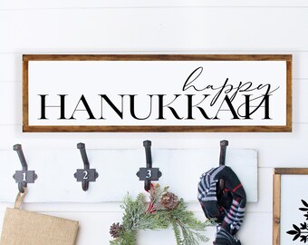 Happy Hanukka Farmhouse Style Framed Sign 7.5"x25.5". Religious Wood Sign, Hanukka Signs, Farmhouse Style Sign, Hanukkah Decor, Chanuka Sign