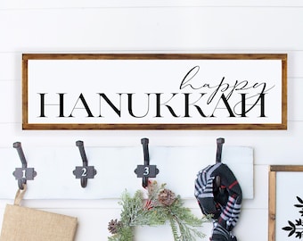 Letrero enmarcado estilo rústico de Feliz Hanukkah (19 x 65 cm). Letrero religioso de madera, letreros de Hanukkah, letrero estilo rústico, decoración de Hanukkah, letrero de Janucá.