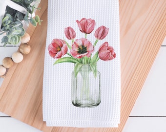 Tulips In Mason Jar Kitchen Towel 16"x24". Kitchen Towel, Spring Kitchen Towel, Dish Towel, Waffle Weave Towel, Farmhouse Kitchen, Tea Towel