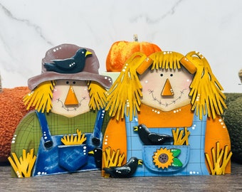 Fall Scarecrow Boy or Girl Wooden Decorative Tier Tray Shelf Decor.