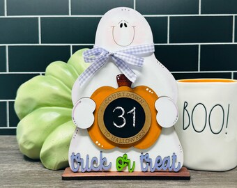 Fall Ghost Halloween Wooden Decorative Countdown to Halloween Shelf Sitter 8.25" tall x 5.75" wide.